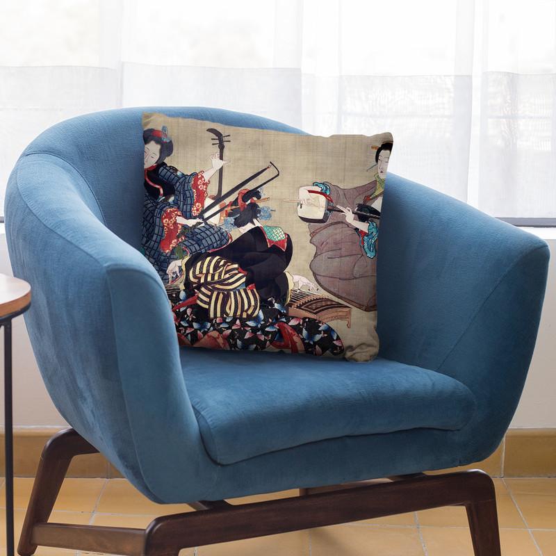 Three Women Playing Musical Throw Pillow By Katsushika Hokusai