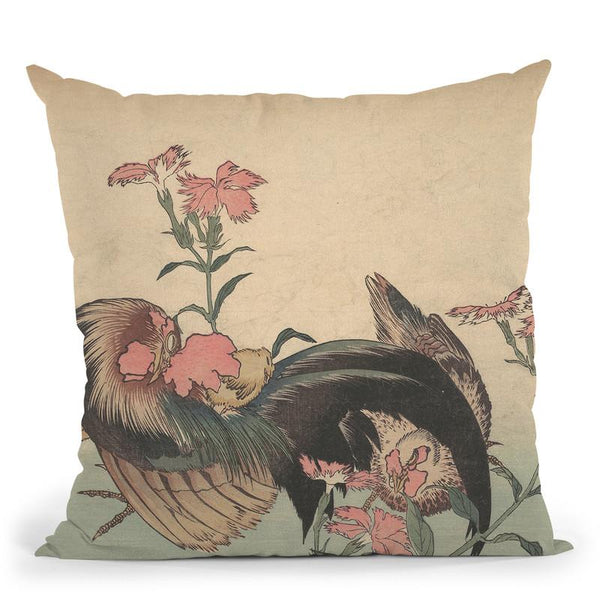 Cock, Hen, And Nadeshiko (Dianthus Superbus) Throw Pillow By Katsushika Hokusai