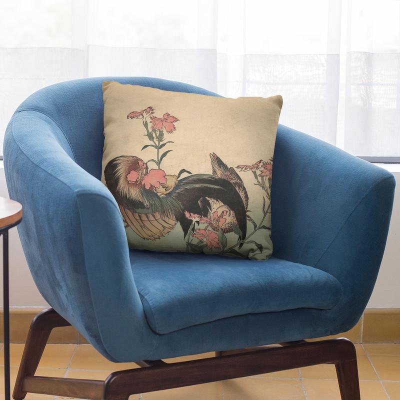 Cock, Hen, And Nadeshiko (Dianthus Superbus) Throw Pillow By Katsushika Hokusai