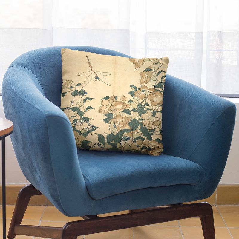 Dragonfly And Bellflower Throw Pillow By Katsushika Hokusai