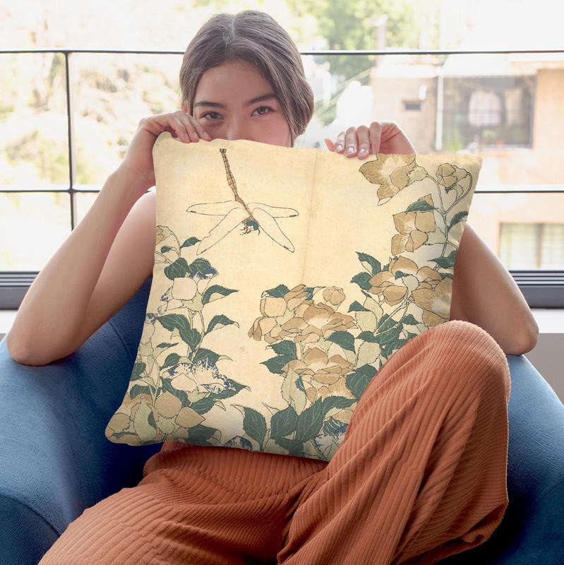 Dragonfly And Bellflower Throw Pillow By Katsushika Hokusai