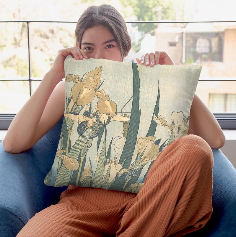 Grasshopper And Iris Throw Pillow By Katsushika Hokusai