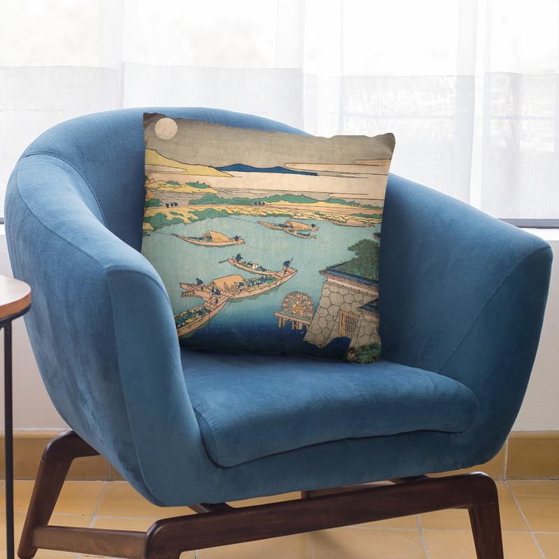 Moonlight On The Yodo River (Yodogawa) Throw Pillow By Katsushika Hokusai