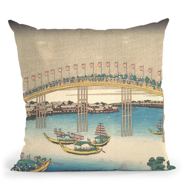 Tenman Bridge At Settsu Province (Sessh_ Tenmanbashi) Throw Pillow By Katsushika Hokusai