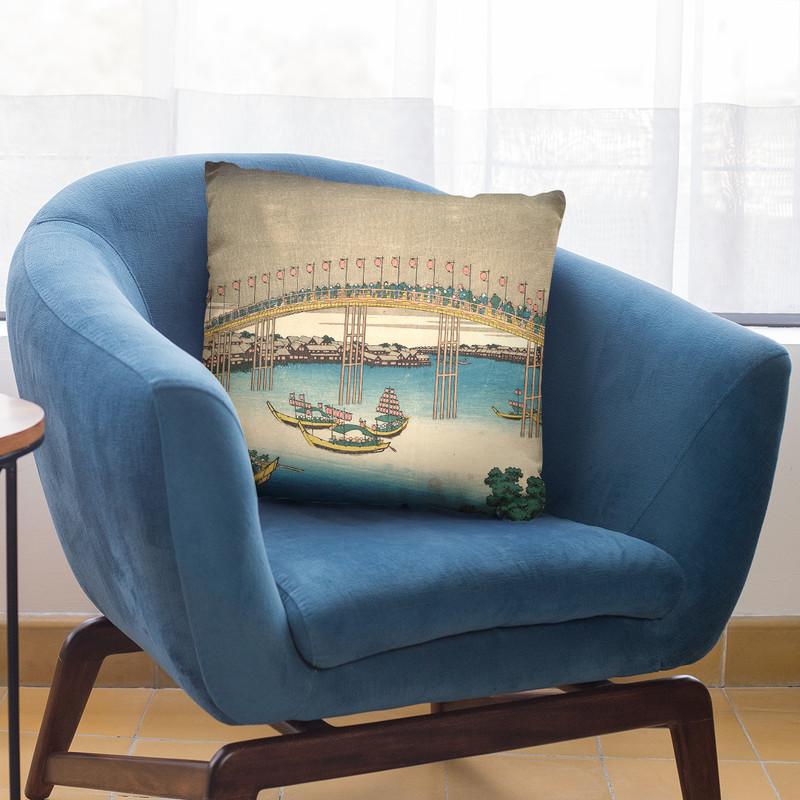 Tenman Bridge At Settsu Province (Sessh_ Tenmanbashi) Throw Pillow By Katsushika Hokusai