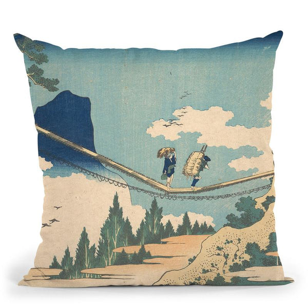 The Suspension Bridge On The Border Of Hida And Etch_ Provinces (Hietsu No Sakai Tsuribashi) Throw Pillow By Katsushika Hokusai
