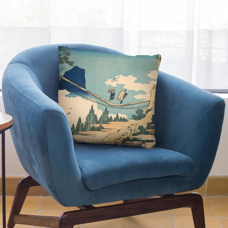 The Suspension Bridge On The Border Of Hida And Etch_ Provinces (Hietsu No Sakai Tsuribashi) Throw Pillow By Katsushika Hokusai