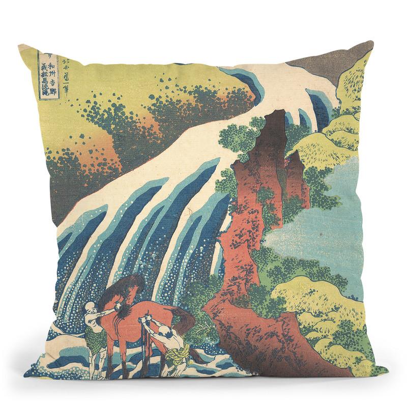 The Waterfall Where Yoshitsune Washed His Horse At Yoshino In Yamato Province (Wash_ Yoshino Yoshitsune Uma Arai No Taki) Throw Pillow By Katsushika Hokusai