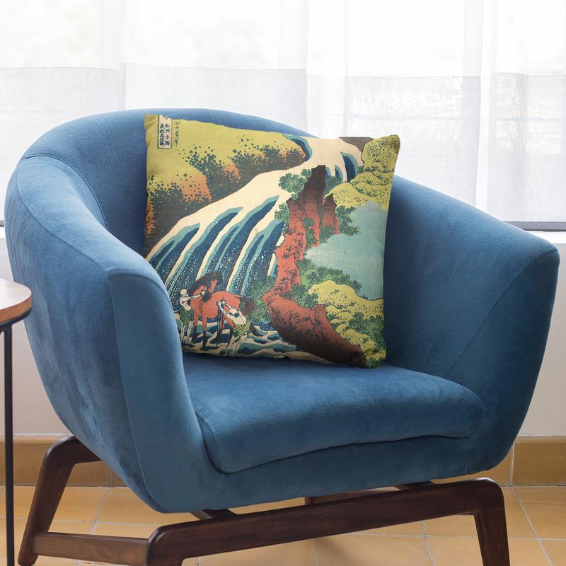 The Waterfall Where Yoshitsune Washed His Horse At Yoshino In Yamato Province (Wash_ Yoshino Yoshitsune Uma Arai No Taki) Throw Pillow By Katsushika Hokusai