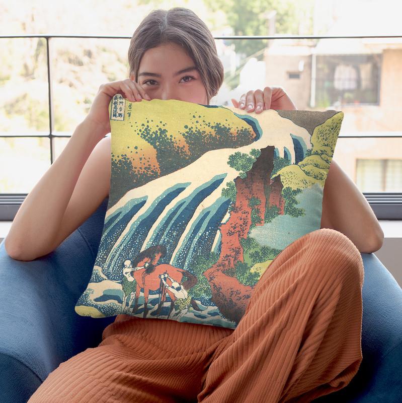 The Waterfall Where Yoshitsune Washed His Horse At Yoshino In Yamato Province (Wash_ Yoshino Yoshitsune Uma Arai No Taki) Throw Pillow By Katsushika Hokusai