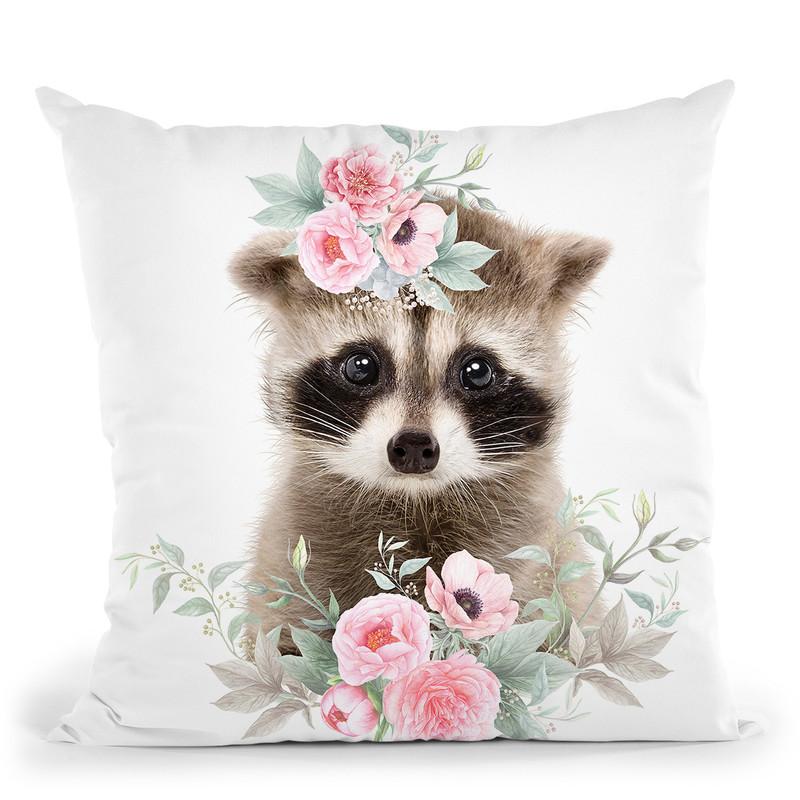 Flower Baby Racoon Throw Pillow By Little Pitti