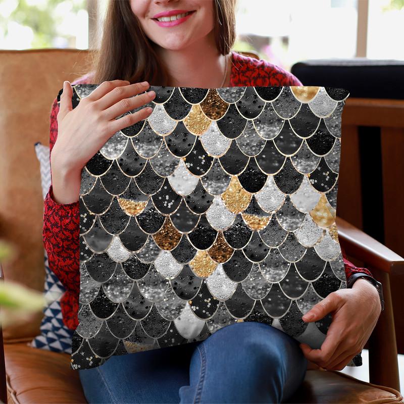 Mural Really Mermaid Black Gold Throw Pillow By Monika Strigel