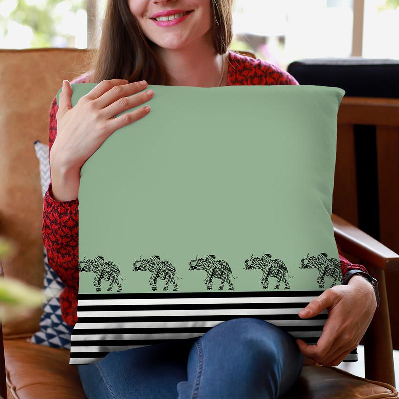 Elephants And Stripes Winter Green Throw Pillow By Monika Strigel