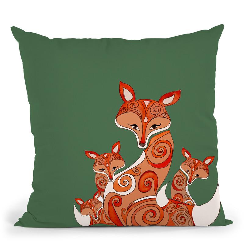 Fox Family Green Bearbeitet Throw Pillow By Monika Strigel