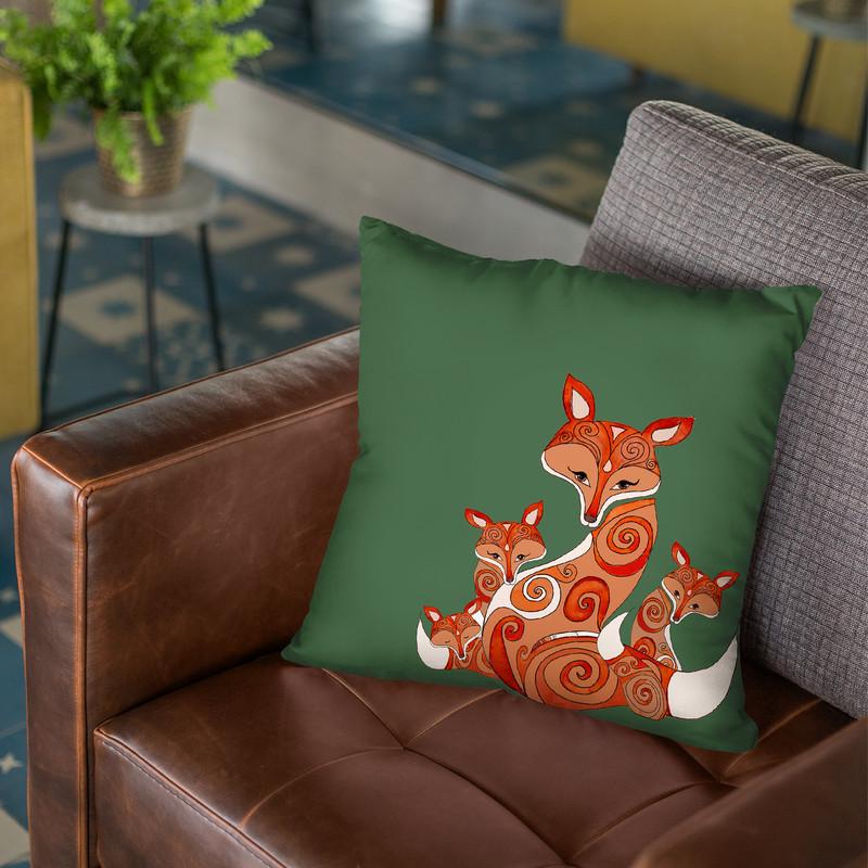 Fox Family Green Bearbeitet Throw Pillow By Monika Strigel