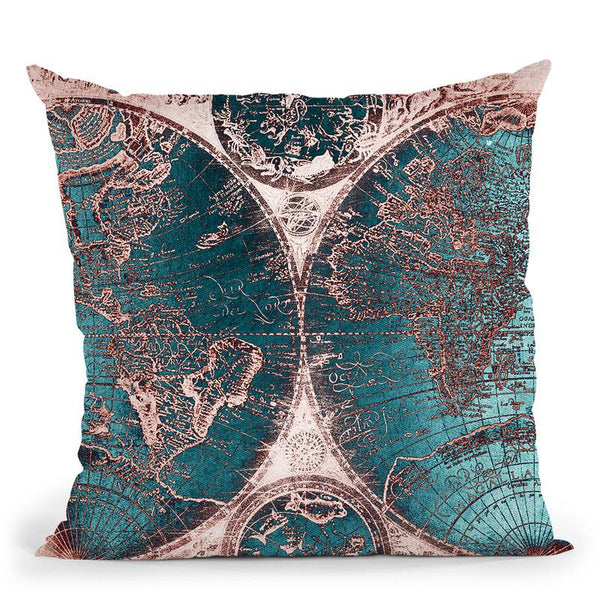 Vintage World Map Teal And Rose Gold Throw Pillow By Nature Magick