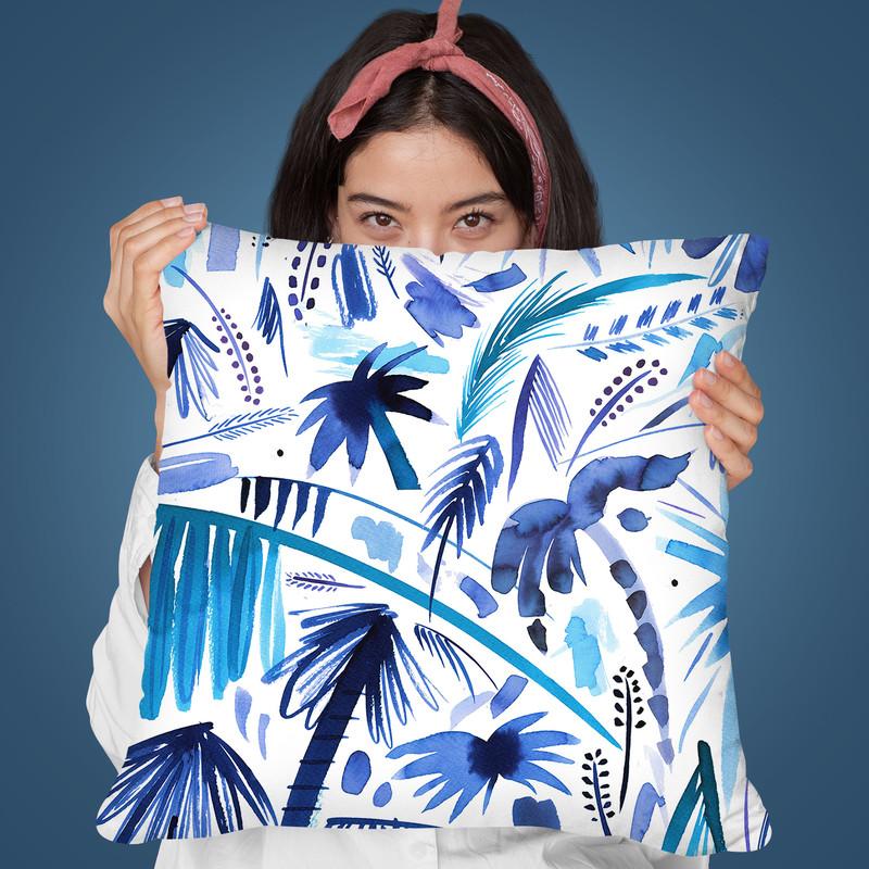 Brushstrokes Tropical Palms Blue Throw Pillow By Ninola Design