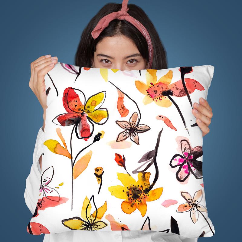 Ink Watercolor Flowers Yellow Throw Pillow By Ninola Design