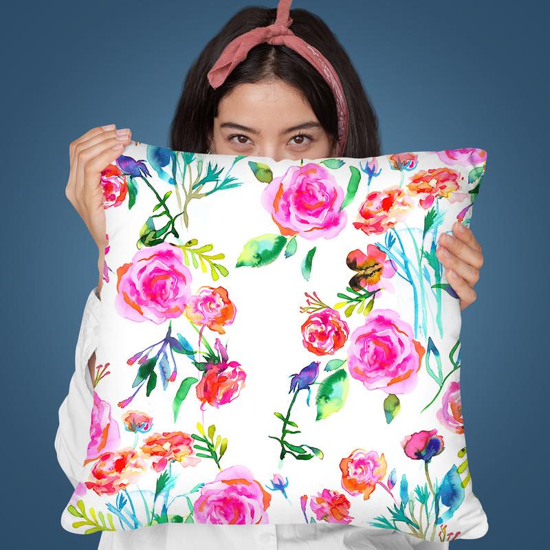 Roses Watercolor Floral Bouquet Pink Throw Pillow By Ninola Design