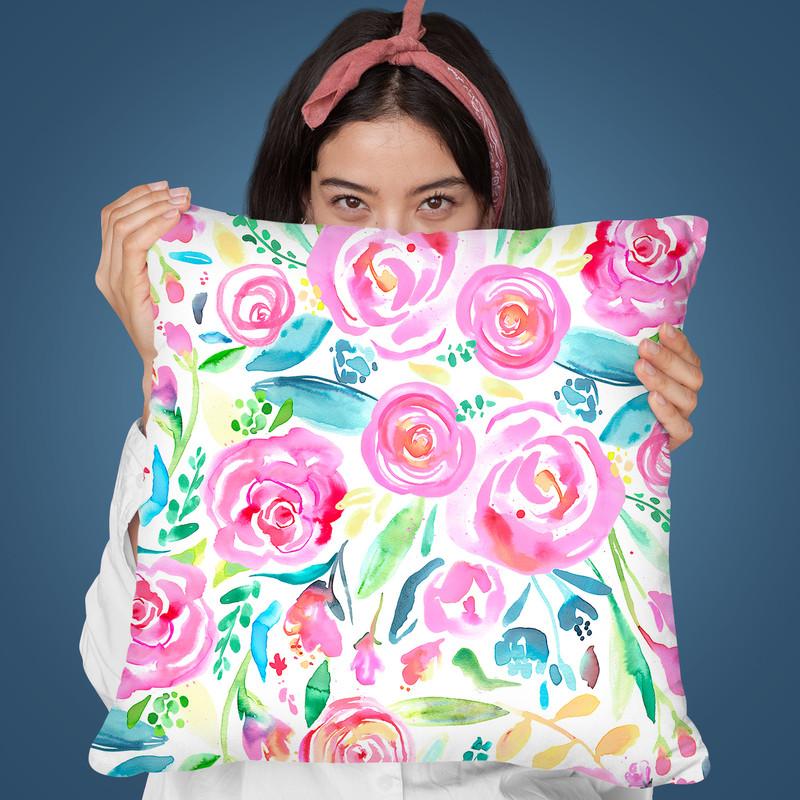 Spring Days Watercolor Pastel Pink Roses Throw Pillow By Ninola Design