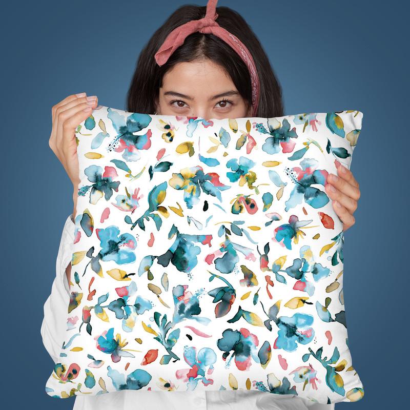 Watercolor Floral Hibiscus Gold Blue Throw Pillow By Ninola Design