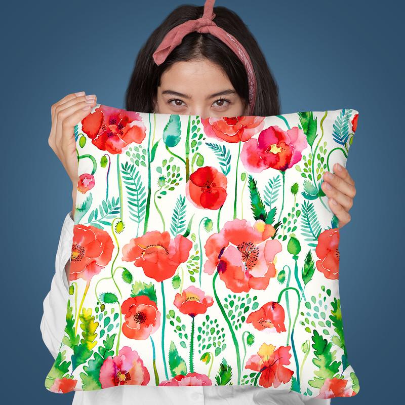 Watercolor Poppies Red Throw Pillow By Ninola Design