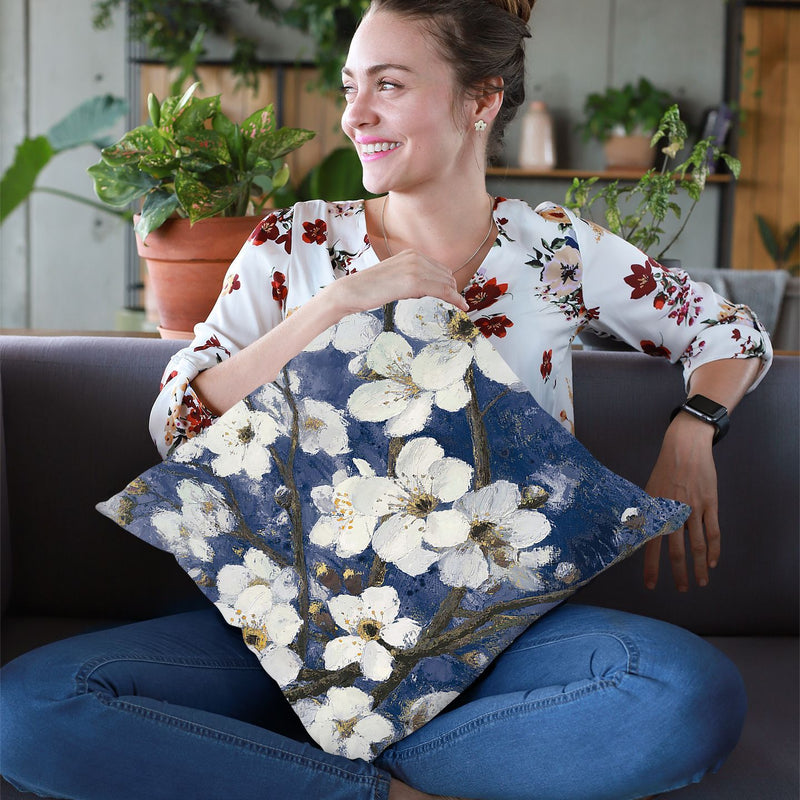 Cherry Blossoms I Indigo Crop Throw Pillow By James Wiens