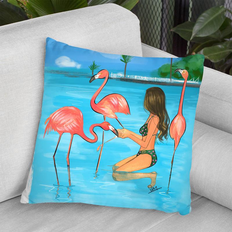 Feed Flamingos Throw Pillow By Rongrong