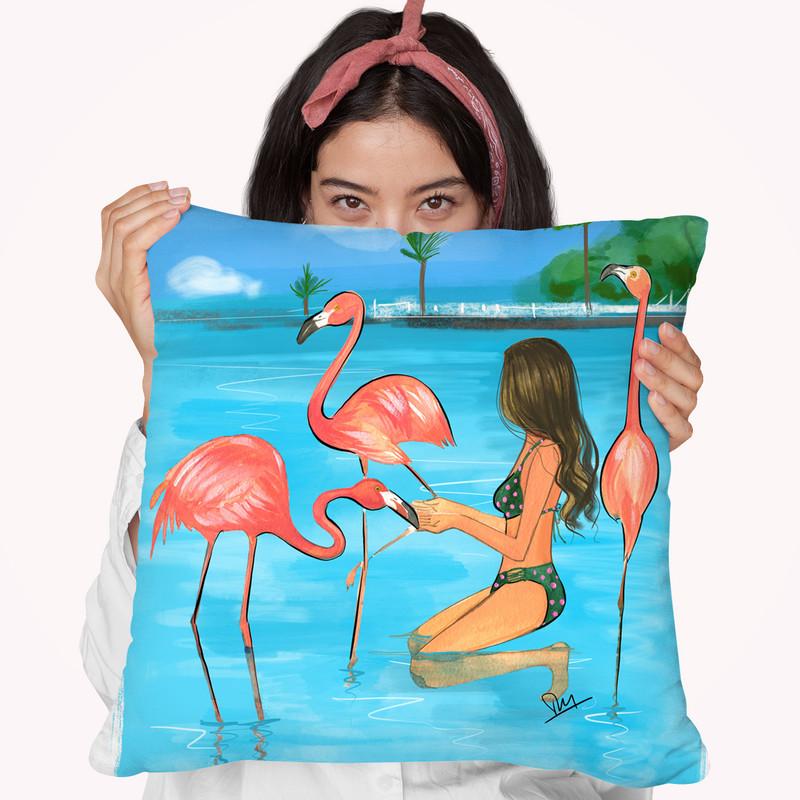 Feed Flamingos Throw Pillow By Rongrong