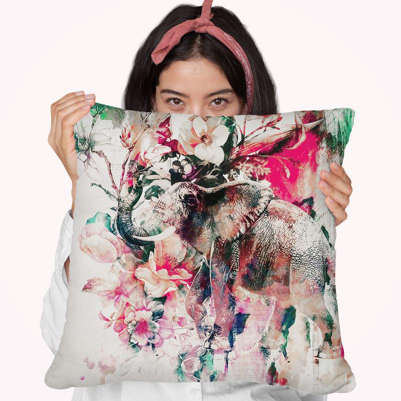 Watercolor Elephant And Flowers Throw Pillow By Riza Peker 
