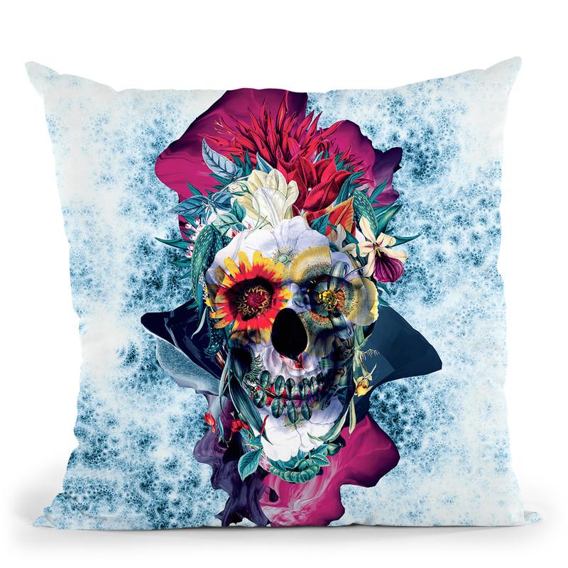 Floral Skull Blue Ii Throw Pillow By Riza Peker 