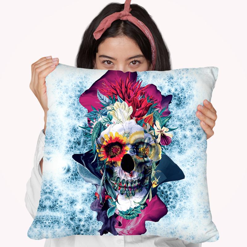 Floral Skull Blue Ii Throw Pillow By Riza Peker 