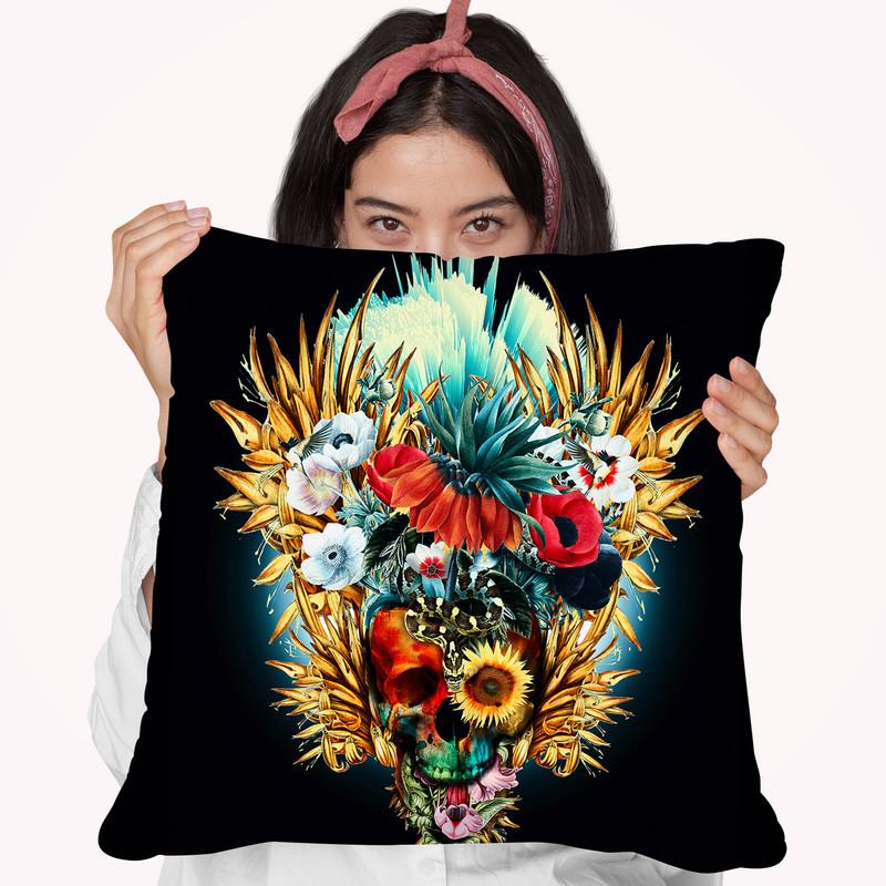 Floral Skull Vivid Throw Pillow By Riza Peker 