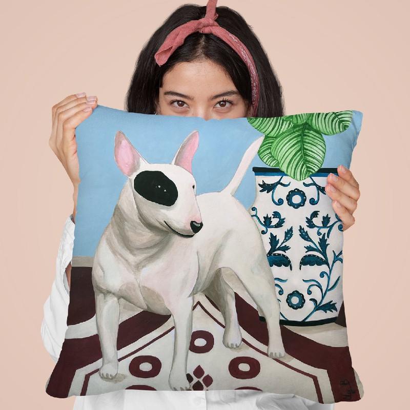 English Bull Terrrier With Plant Throw Pillow By Sally B
