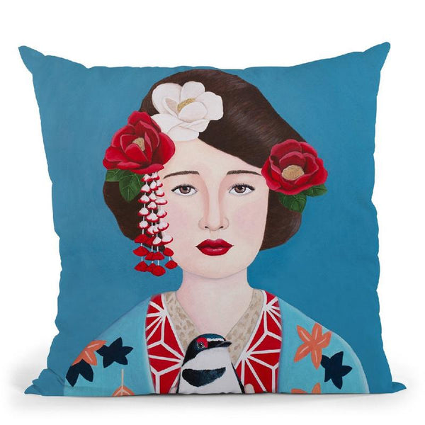 Japanese Woman And Bird Throw Pillow By Sally B
