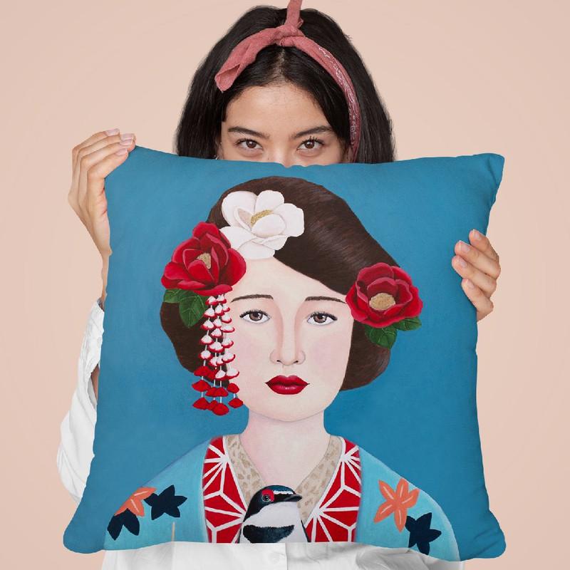 Japanese Woman And Bird Throw Pillow By Sally B