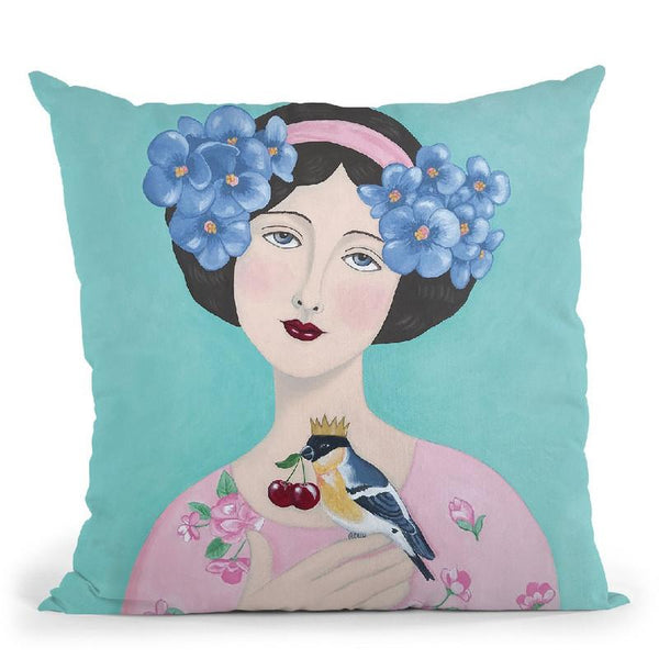 Woman With Bird And Cherry Throw Pillow By Sally B