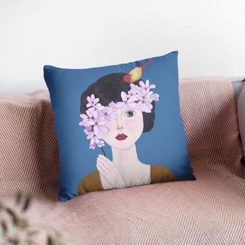 Woman With Bird And Flowers Throw Pillow By Sally B