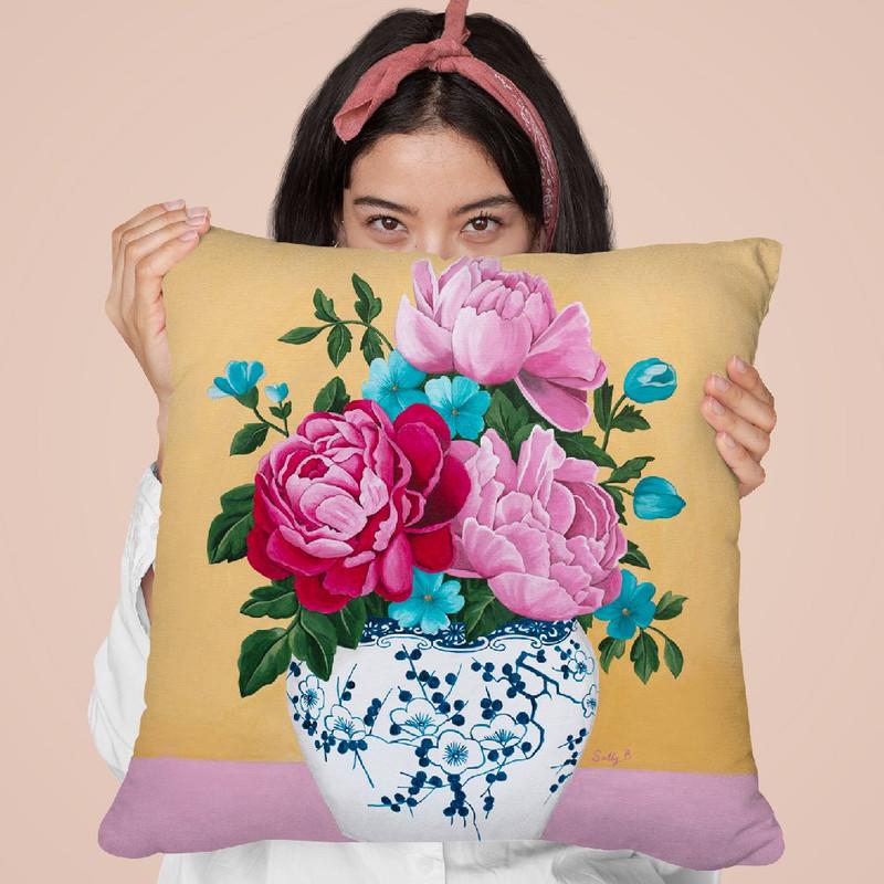 Chinoiserie Vase And Peony Throw Pillow By Sally B
