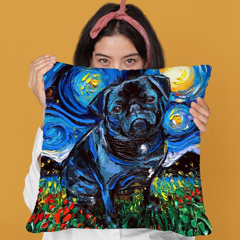 Pug Black Winnie Throw Pillow by Aja Trier