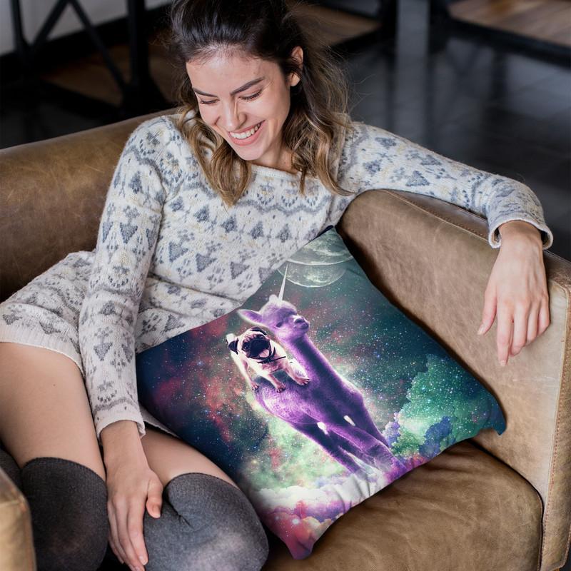 Funny Space Pug Riding On Alpaca Unicorn Throw Pillow By Skyler Hill