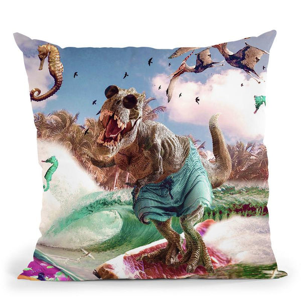 Dinosaur Surf T-Rex Surfing Throw Pillow By Skyler Hill