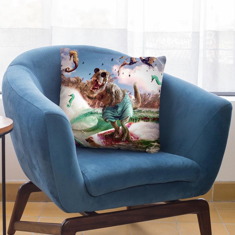 Dinosaur Surf T-Rex Surfing Throw Pillow By Skyler Hill