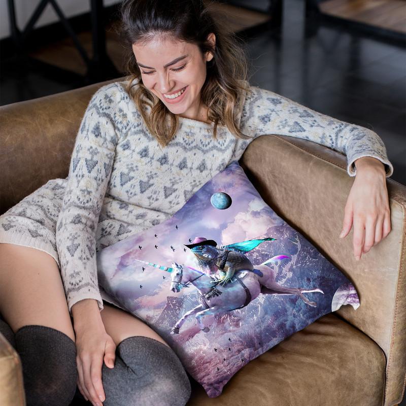 Epic Bearded Dragon Lizard Riding Unicorn Throw Pillow By Skyler Hill