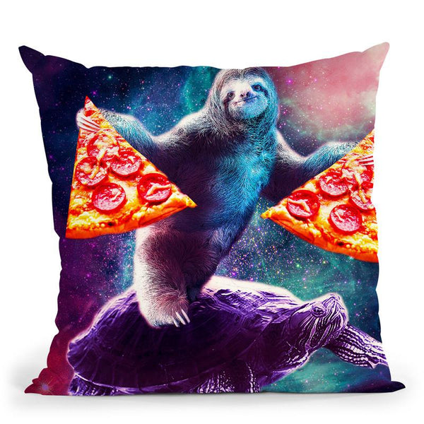 Funny Space Sloth With Pizza Riding On Turtle Throw Pillow By Skyler Hill