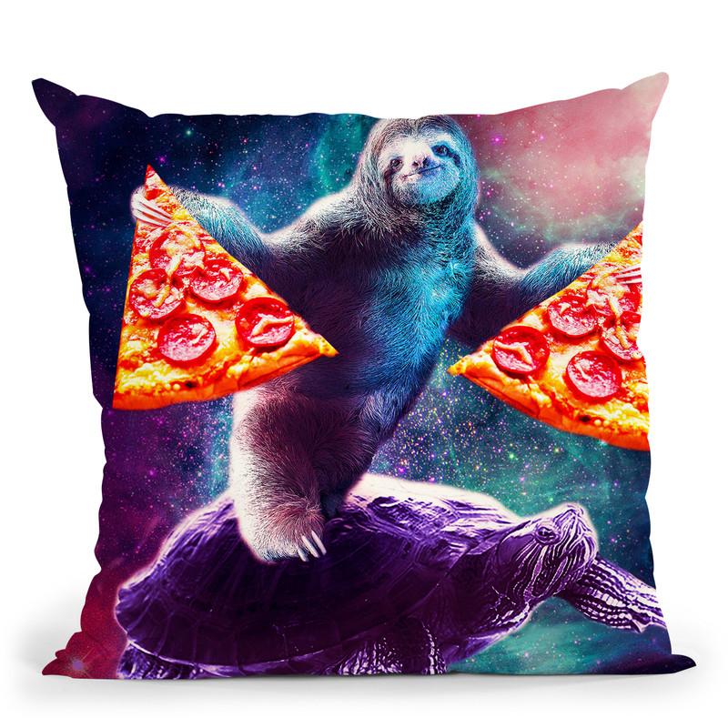 Funny Space Sloth With Pizza Riding On Turtle Throw Pillow By Skyler Hill