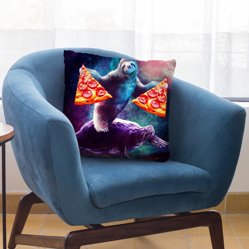 Funny Space Sloth With Pizza Riding On Turtle Throw Pillow By Skyler Hill