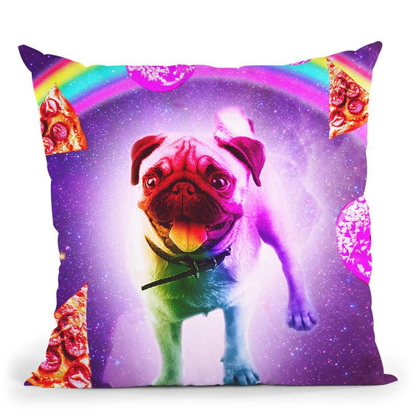 Rainbow Space Pug With Pizza And Doughnut Throw Pillow By Skyler Hill
