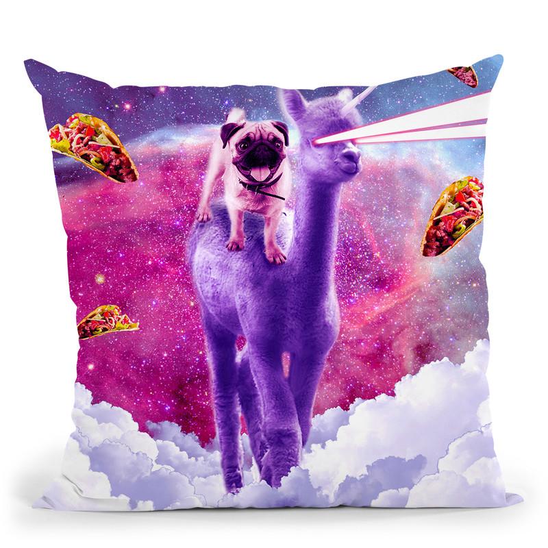 Cosmic Pug Riding Alpaca Unicorn Throw Pillow By Skyler Hill