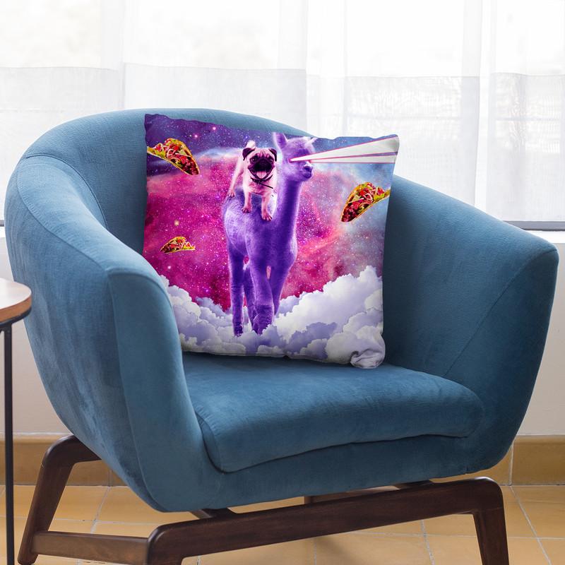 Cosmic Pug Riding Alpaca Unicorn Throw Pillow By Skyler Hill